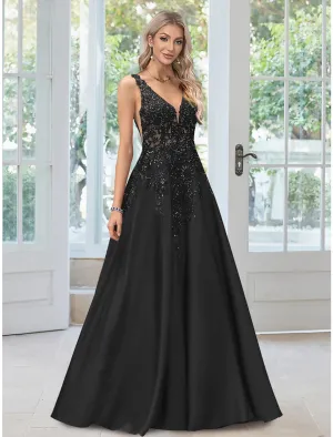 A-Line Evening Gown Floral Dress Formal Black Tie Floor Length Sleeveless V Neck Lace with Appliques