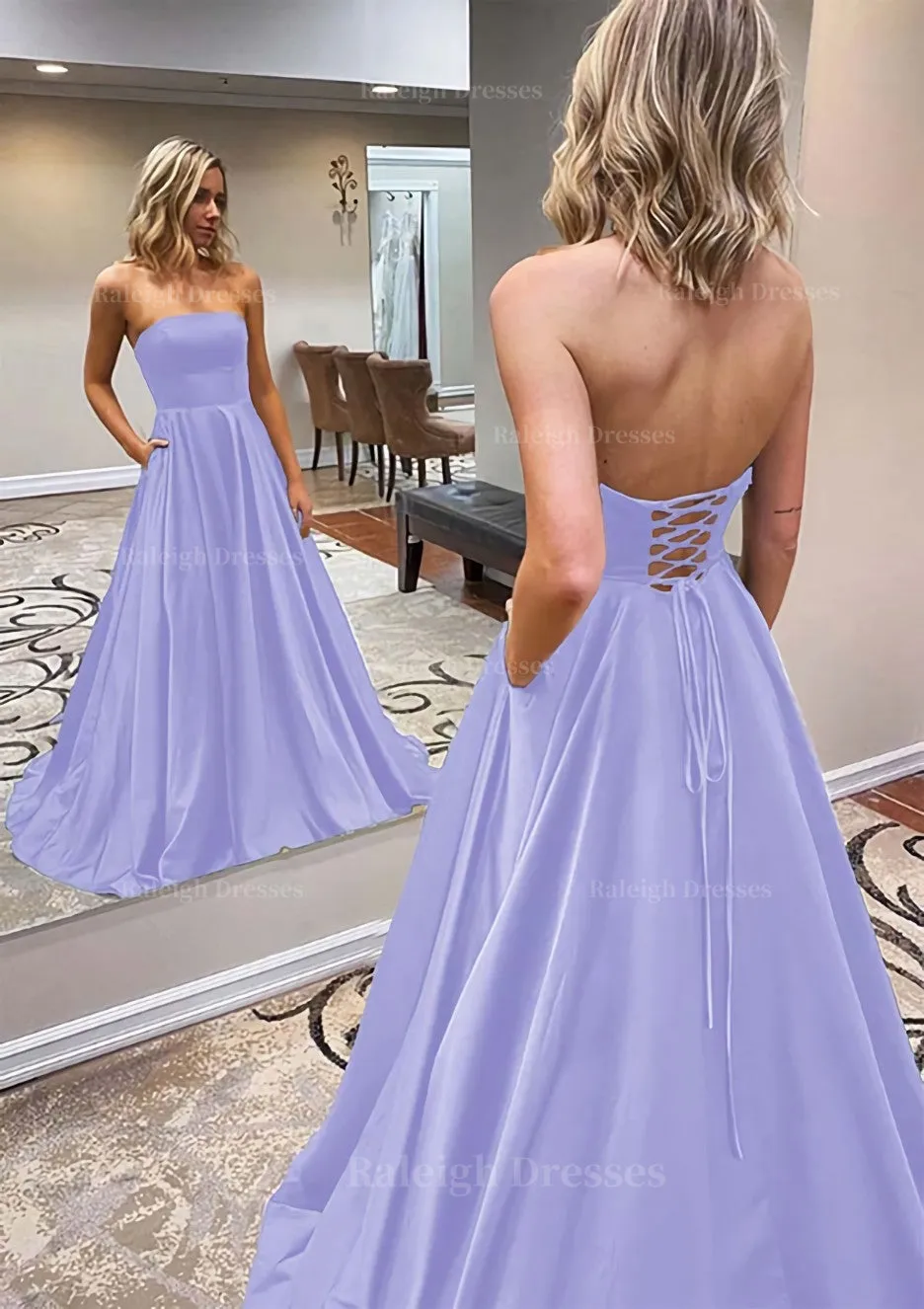 A-line Scalloped Neck Sweep Train Satin Prom Dress With Pockets