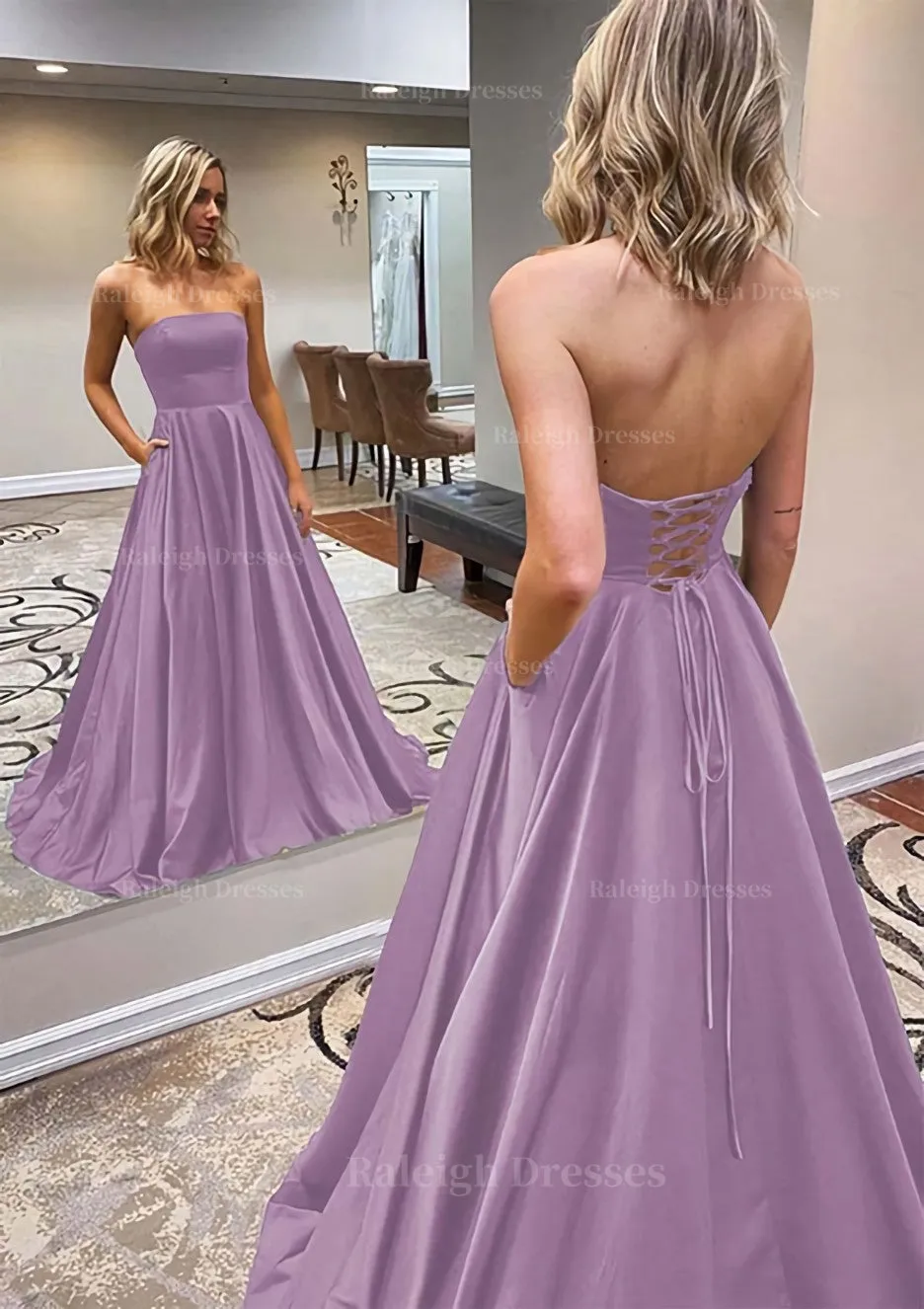 A-line Scalloped Neck Sweep Train Satin Prom Dress With Pockets