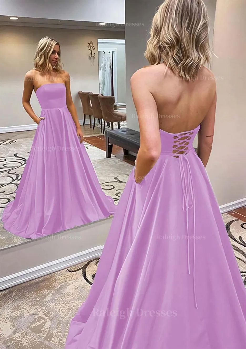 A-line Scalloped Neck Sweep Train Satin Prom Dress With Pockets