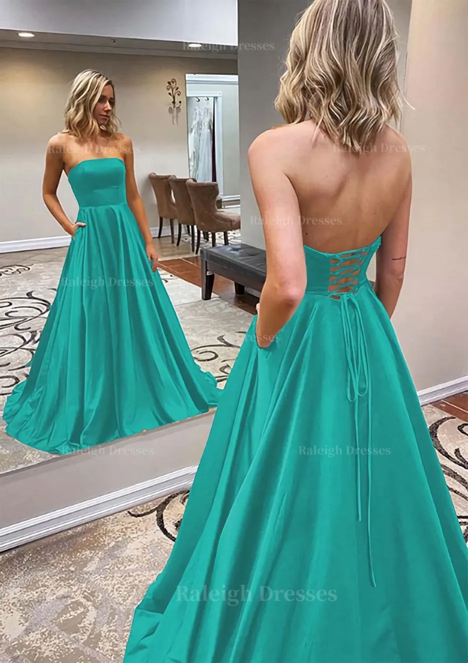 A-line Scalloped Neck Sweep Train Satin Prom Dress With Pockets