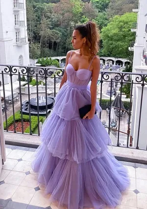 A-line Sweetheart Sleeveless Long/Floor-Length Tulle Prom Dress With Ruffles