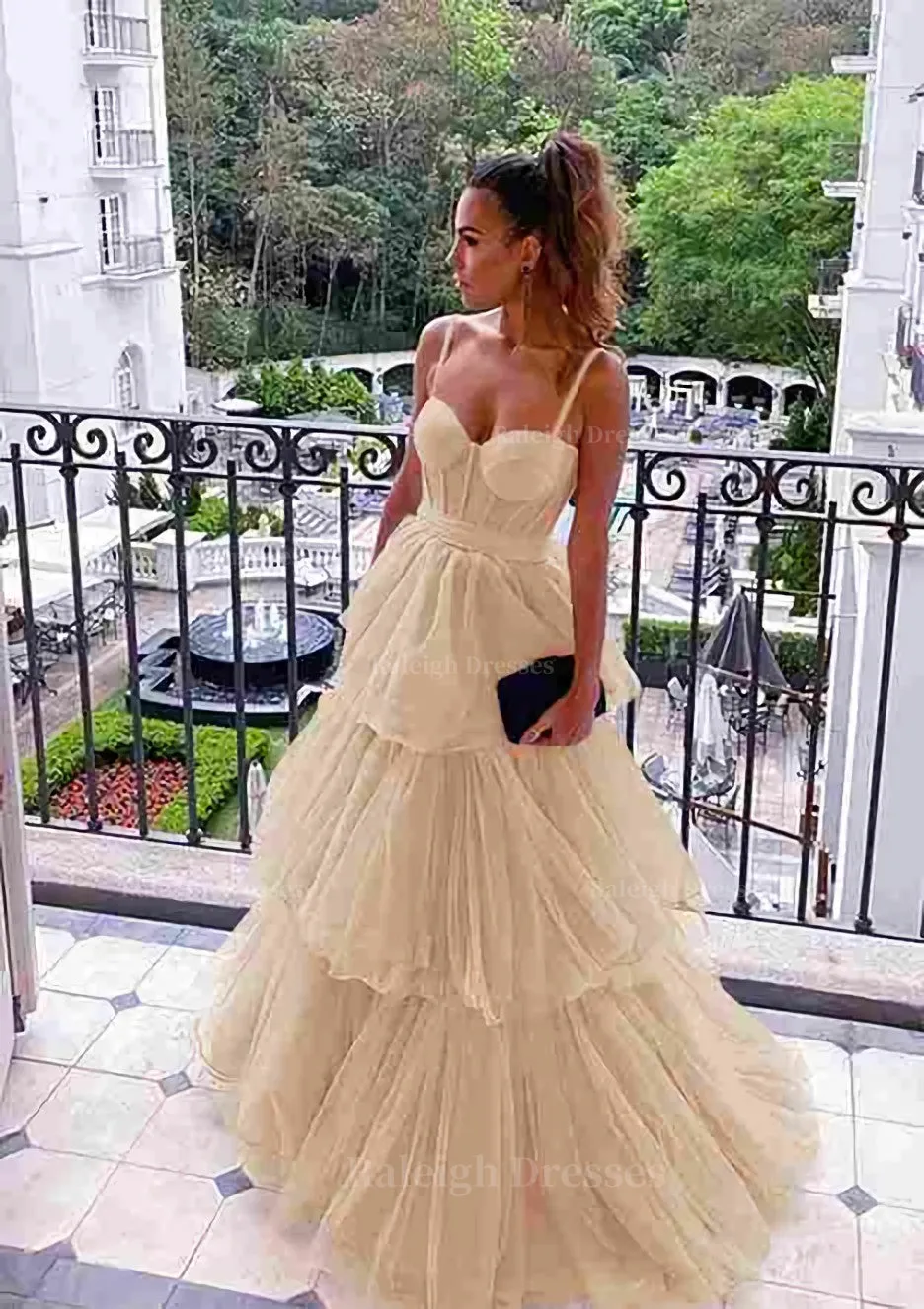 A-line Sweetheart Sleeveless Long/Floor-Length Tulle Prom Dress With Ruffles