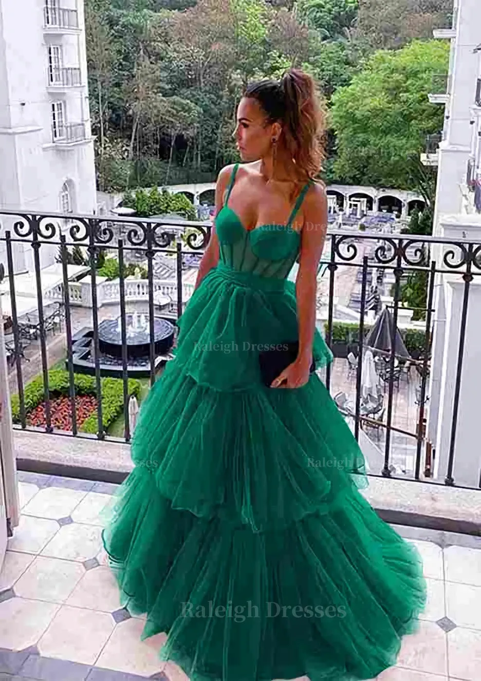 A-line Sweetheart Sleeveless Long/Floor-Length Tulle Prom Dress With Ruffles