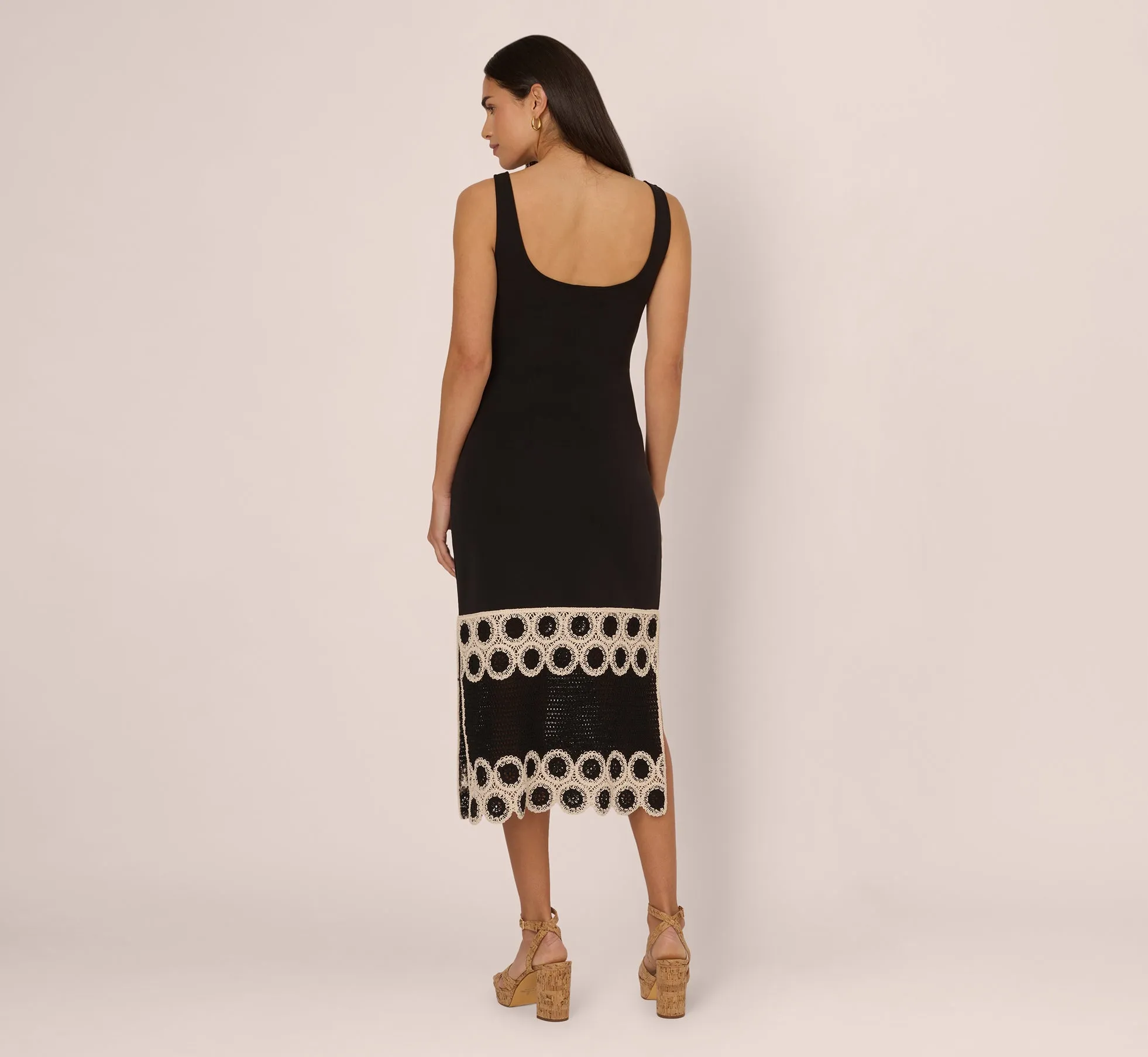 Crochet Trimmed Sheath Midi Dress With Tank Straps In Black Ecru