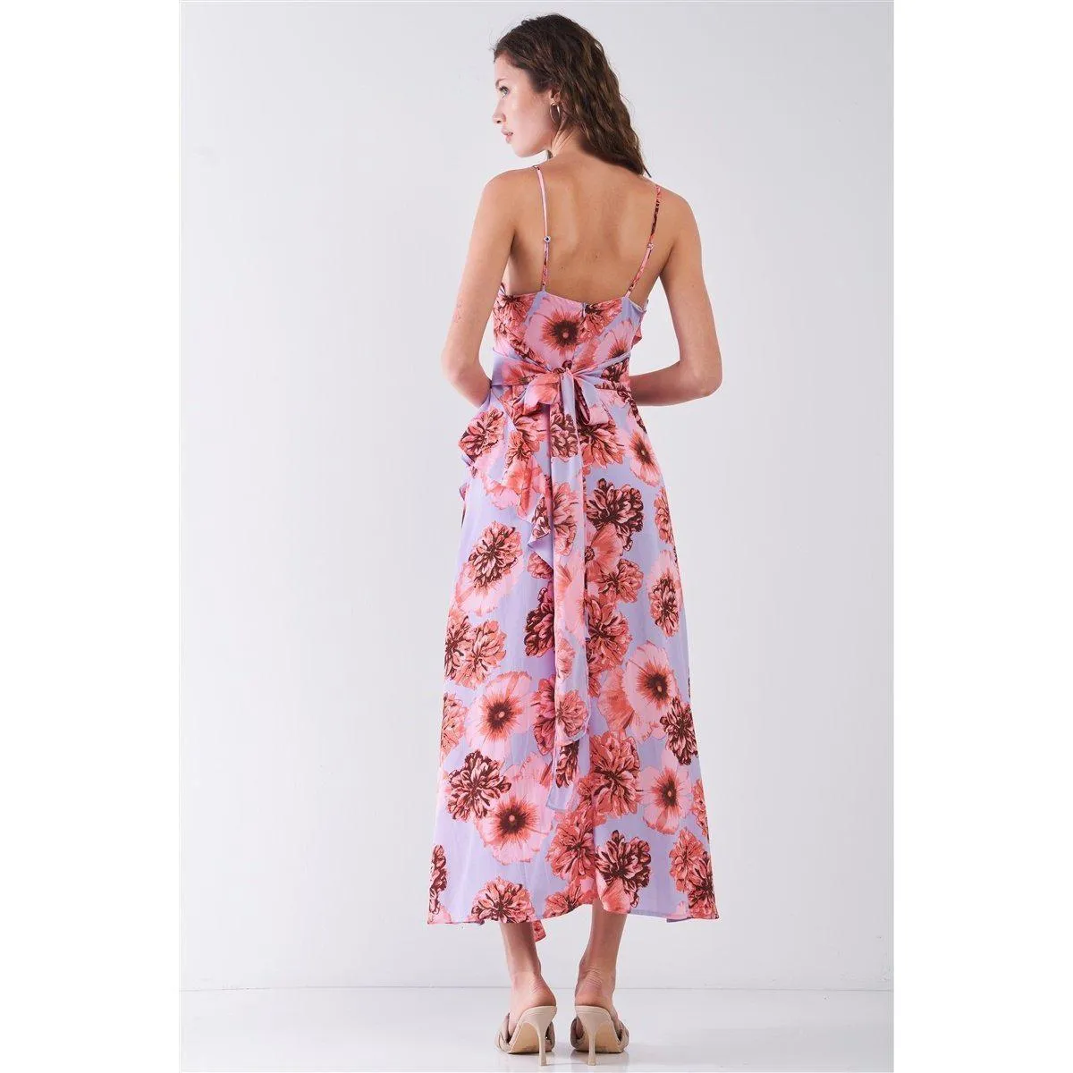 Floral Print Sleeveless Self-tie Wide Wrap Front Ruffle Hem Side Slit Detail Midi Dress