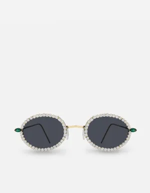 Jules Oval-Frame Sunglasses, Gold Vermeil/Diamonds & Emeralds