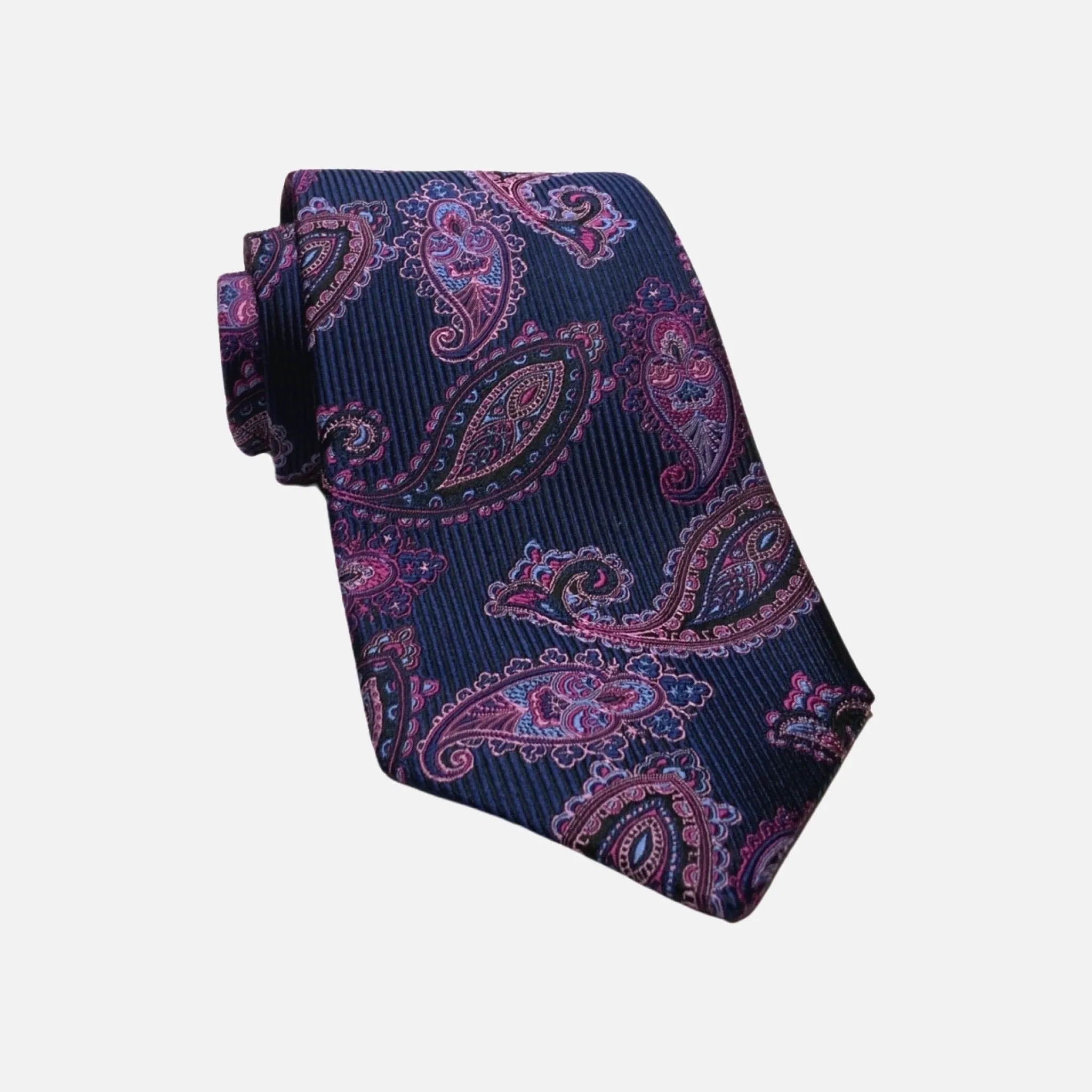 JZ Richards Navy Blue Tie - Handcrafted Elegance, 100% Silk, Made in the USA - Paisley Pattern with Light Blues, Pink, and Purple Accents