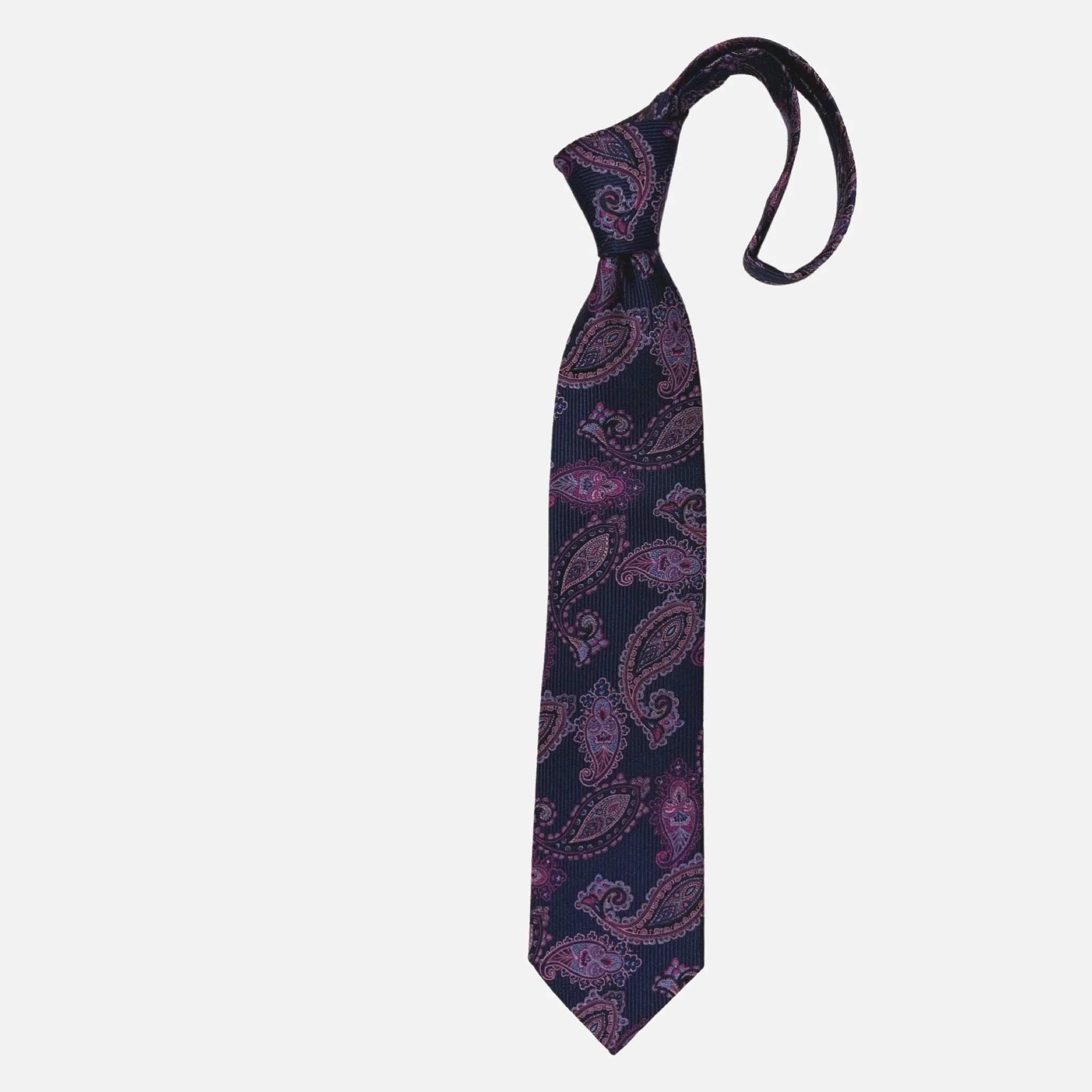 JZ Richards Navy Blue Tie - Handcrafted Elegance, 100% Silk, Made in the USA - Paisley Pattern with Light Blues, Pink, and Purple Accents