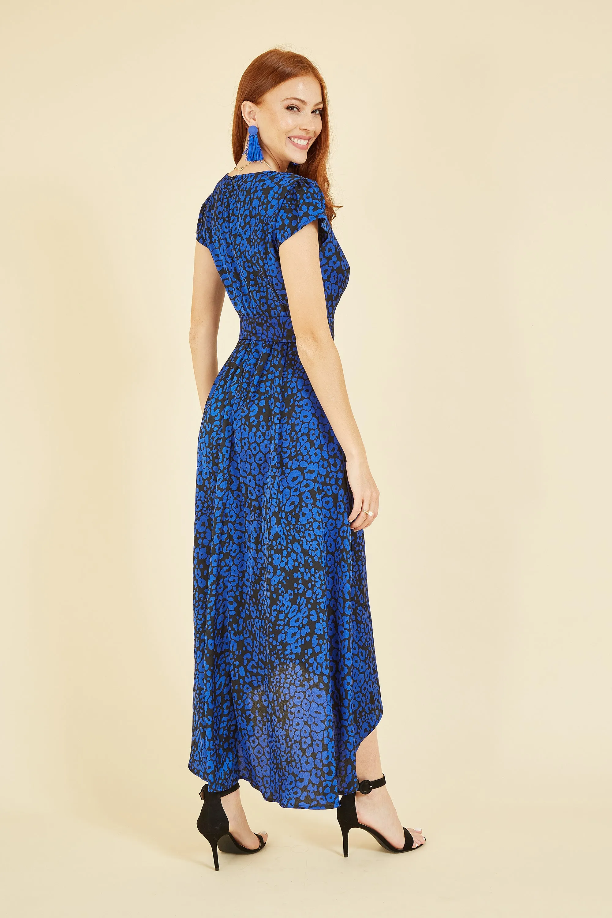 Mela London Blue Animal Print Dip Hem Midi Wrap Dress