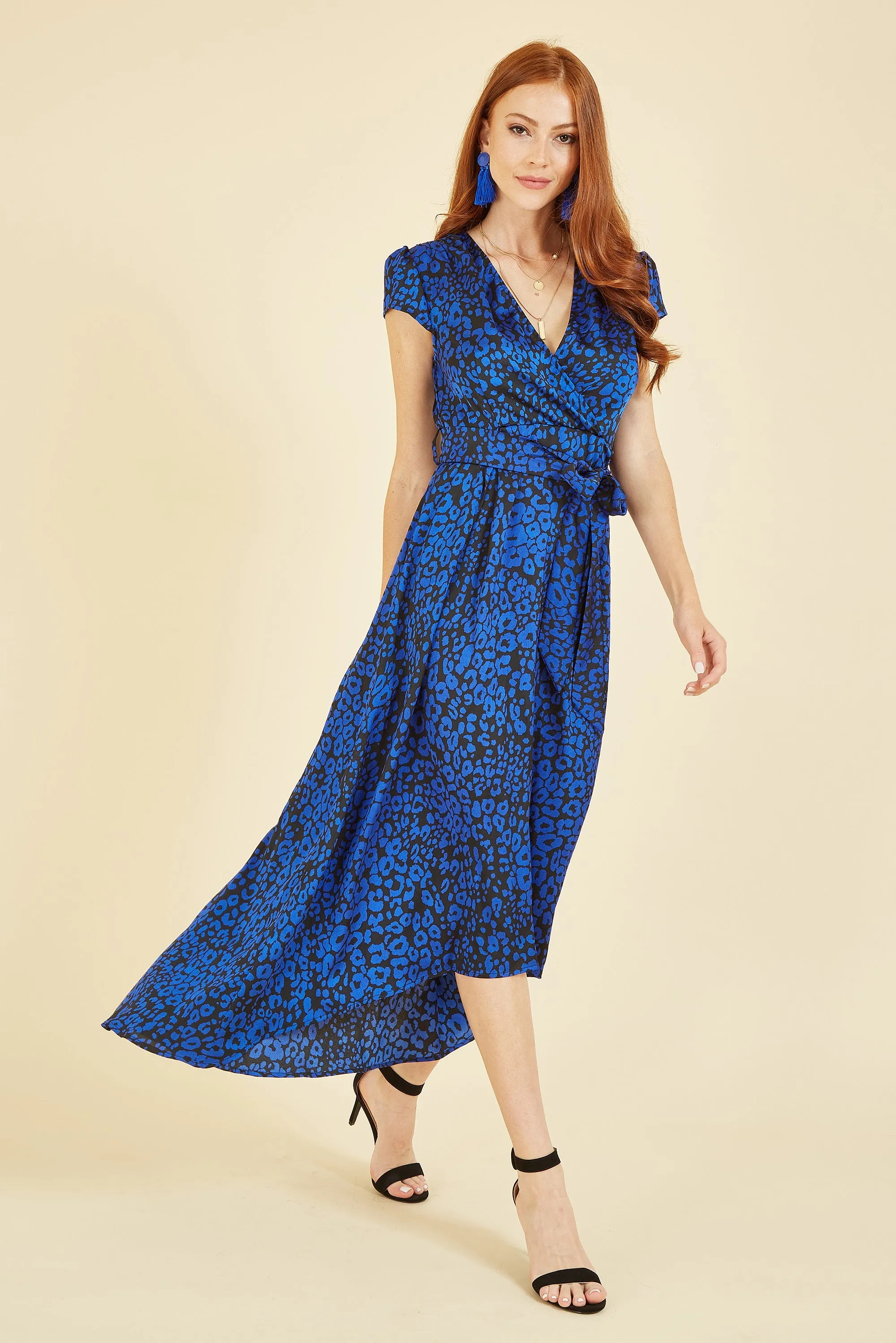 Mela London Blue Animal Print Dip Hem Midi Wrap Dress