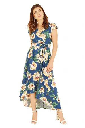 Mela London Blue Painted Floral Print Dipped Hem Wrap Dress