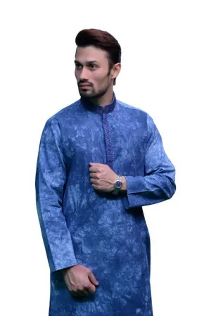 Men Printed Textured Fabric Kurta Blue