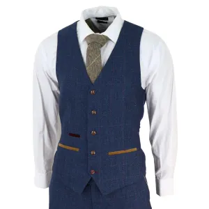 Mens Blue Waistcoat Herringbone Tweed Checked Formal Suit Vests