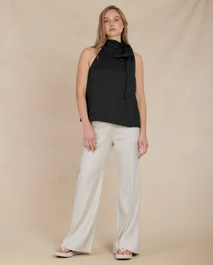 Sofia Ramie Twill Tie-Neck Top - Nero